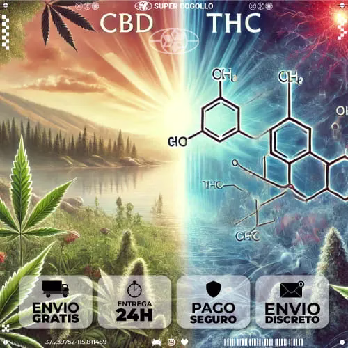 Imagen que ilustra las diferencias entre el CBD y el THC con elementos naturales y representaciones moleculares.