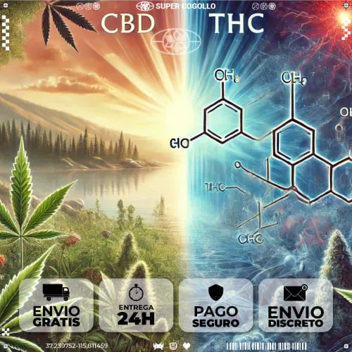 Imagem que ilustra as diferenças entre o CBD e o THC com elementos naturais e representações moleculares.