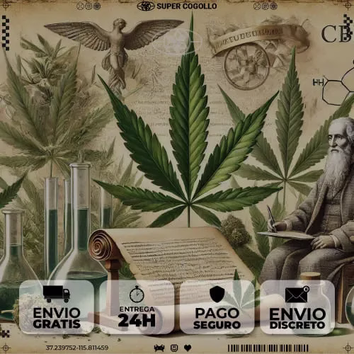Imagen que representa la evolución histórica del CBD, desde hojas de cannabis antiguas hasta un laboratorio moderno.