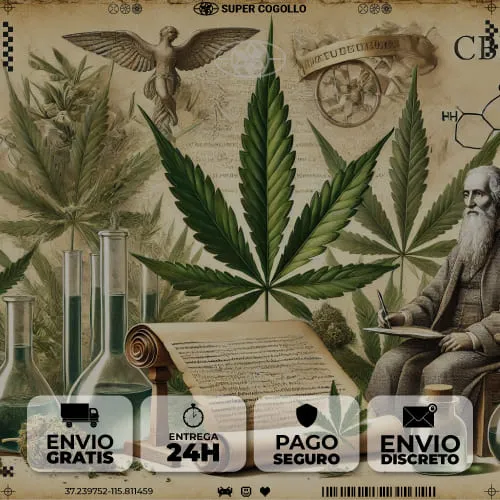 Imagem que representa a evolução histórica do CBD, desde folhas de cannabis antigas até um laboratório moderno.