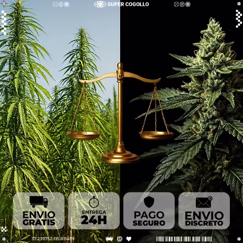 Comparativa visual entre planta de cáñamo industrial y cannabis psicoactivo con balanza legal.