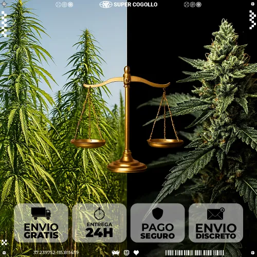 Comparativa visual entre planta de cânhamo industrial e cannabis psicoativa com balança legal.