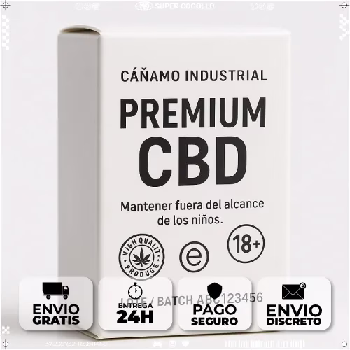 Detalle de etiqueta de producto de cáñamo con advertencias legales y código de lote visible.