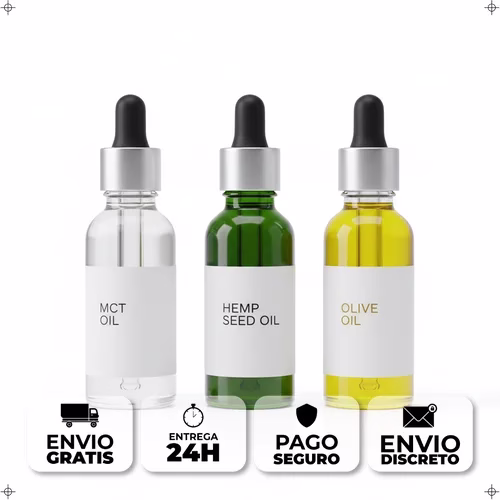 Tres frascos con aceites portadores para CBD: MCT transparente, semilla de cáñamo verde y oliva dorado