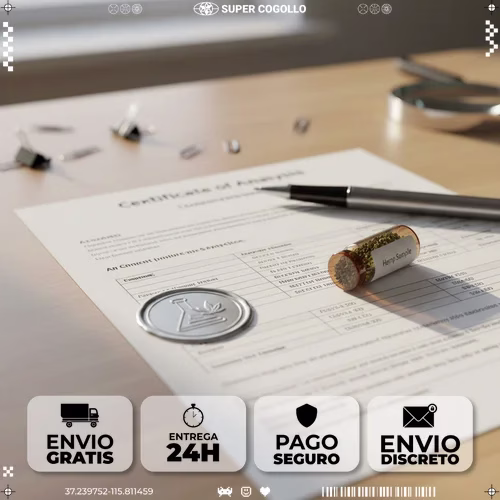 Certificado de análisis COA de producto de cáñamo con sello de laboratorio y muestra