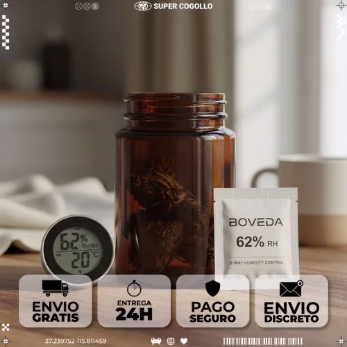 Tarro de cristal ámbar para conservación de cáñamo junto a higrómetro y sobre de control de humedad