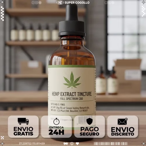 Etiqueta de producto de cáñamo industrial mostrando información obligatoria como número de lote y datos del fabricante