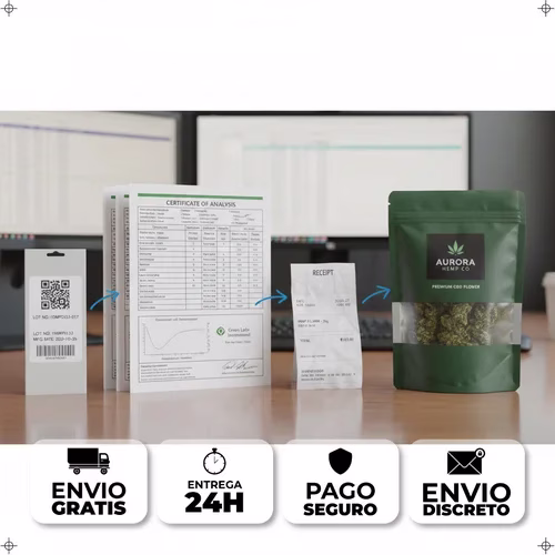 Documentos de trazabilidad de cáñamo incluyendo etiqueta de lote, certificado de análisis y producto envasado