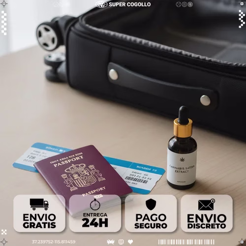 Pasaporte, billete de avión y producto de cáñamo envasado sobre mesa, preparación para viaje