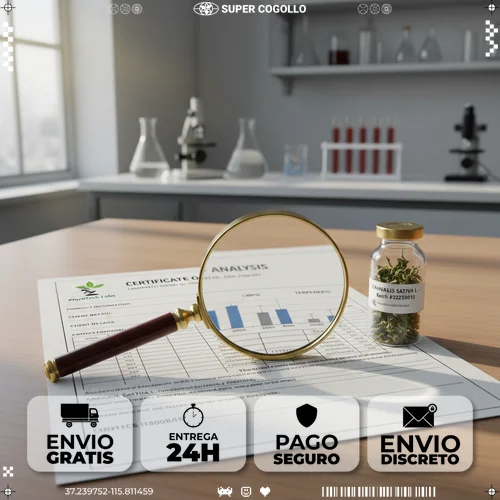 Certificado de análise de laboratório de cânhamo com frasco de amostra e lupa