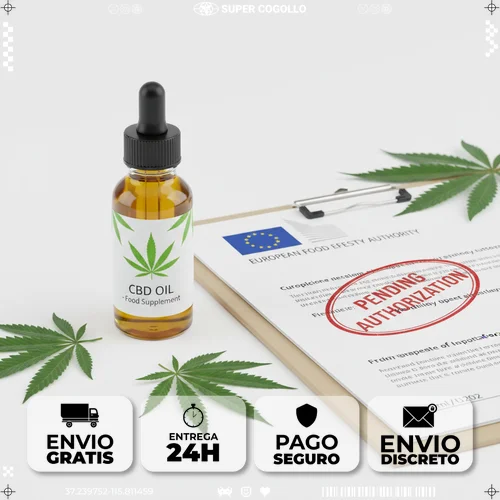 Frasco de CBD junto a documentos regulatórios europeus representando Novel Food