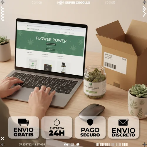Proceso de compra online de cáñamo: ordenador con tienda web, paquete discreto y producto