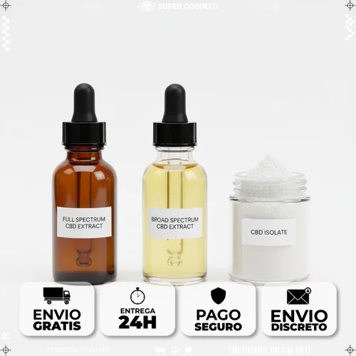 Tipos de extracto de CBD Comparación visual de extractos CBD: full spectrum oscuro, broad spectrum claro y aislado cristalino