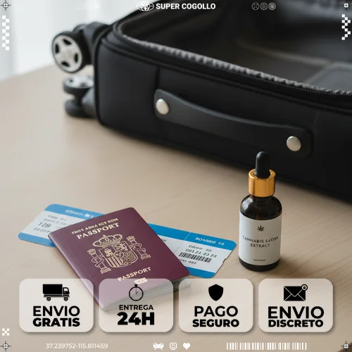 Viajar com produtos de cânhamo industrial Passaporte, bilhete de avião e produto de cânhamo embalado sobre mesa, preparação para viagem